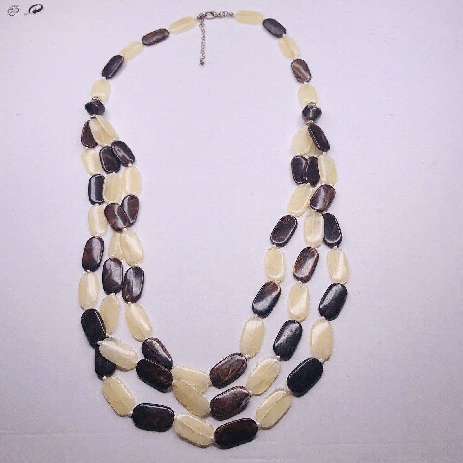 Multi Strand Necklace Marbled Resin Brown Tan Flat Oval Rhinestone